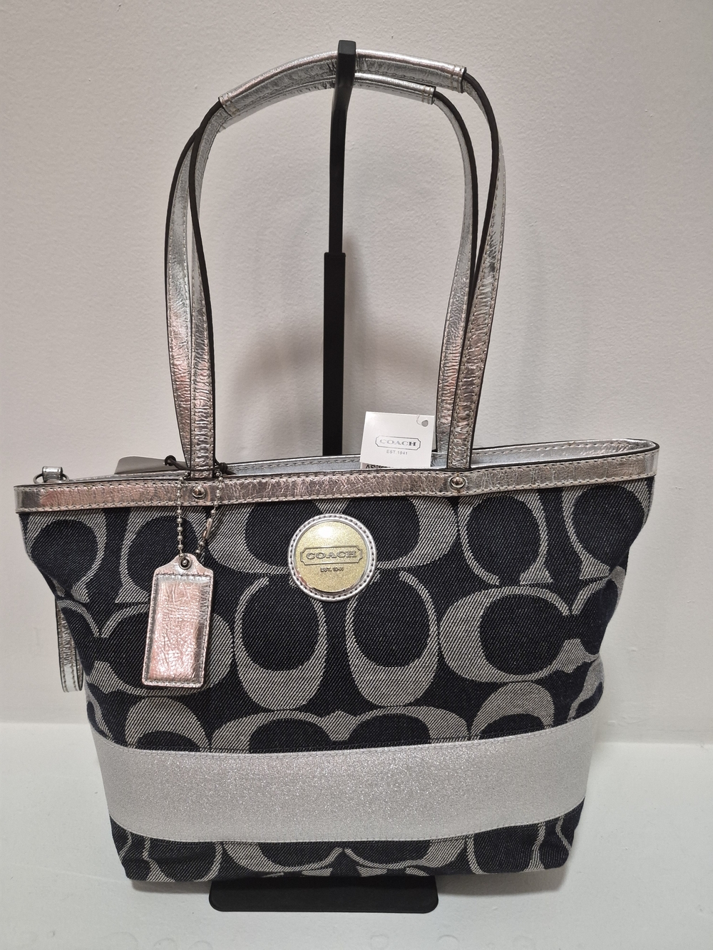 Coach Metallic Trim Signature Tote in Denim and Silver